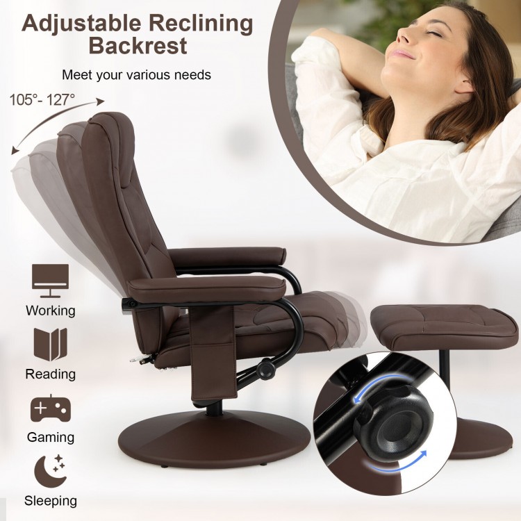 Brown 360° swivel massage recliner chair with adjustable backrest and ottoman, perfect for gaming and relaxing.